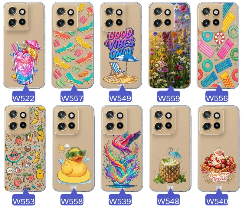 Zestaw przezroczystych etui do Motorola Edge 50 Neo z wakacyjnymi motywami drinka, leżaków, napisu good vibes, kwiatów, flaminga, ananasa i deseru
