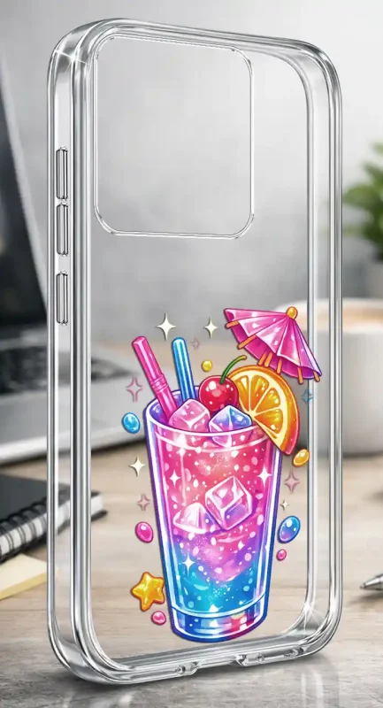 Etui na lato do Motorola Edge 60 Pro 5G z różowo-niebieskim drinkiem, pomarańczą, wisienką i parasolką na przezroczystej obudowie