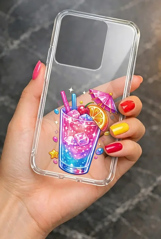Przezroczyste etui letnie do Motorola Edge 60 Pro 5G z nadrukiem wakacyjnego drinka z lodem, prezentowane w dłoni