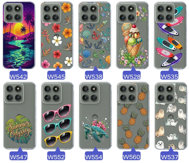 Kolekcja wakacyjnych wzorów etui do Motorola Edge 60 Pro 5G: palmy, kwiaty, kotwice, lody, deski surfingowe, ananasy i foki