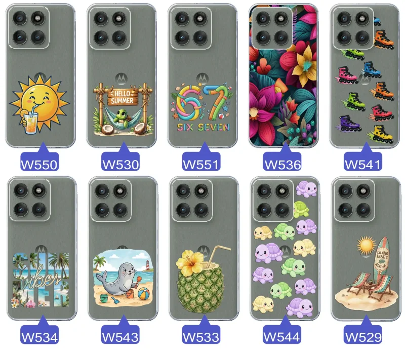 Kolekcja letnich wzorów etui do Motorola Edge 60 Pro 5G z motywami słońca, żółwia, six seven, tropikalnych kwiatów, rolek, plaży i kokosa