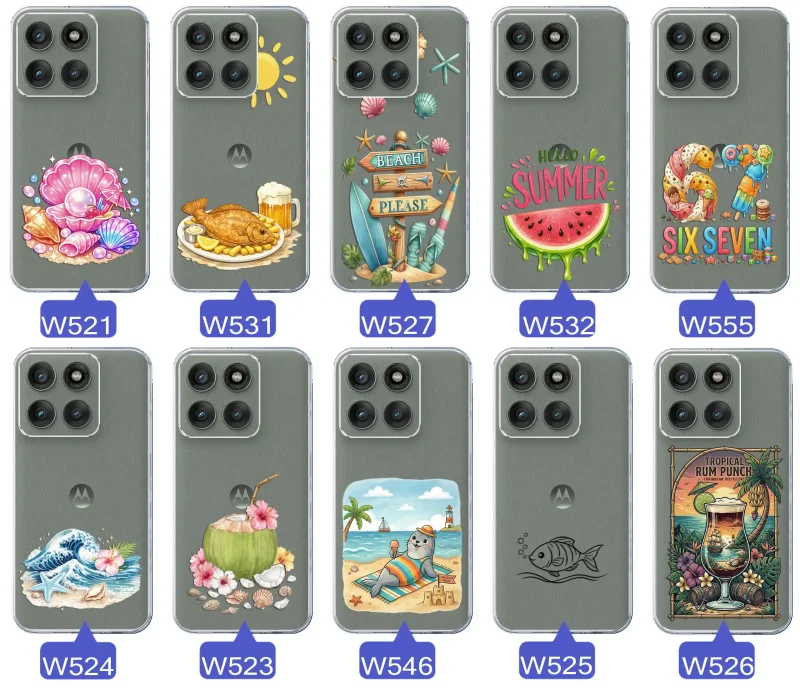 Różne wzory etui wakacyjnych do Motorola Edge 60 Pro 5G z grafikami muszelek, ryby, plaży, arbuza, lodów, foki, kokosa i tropikalnego drinka