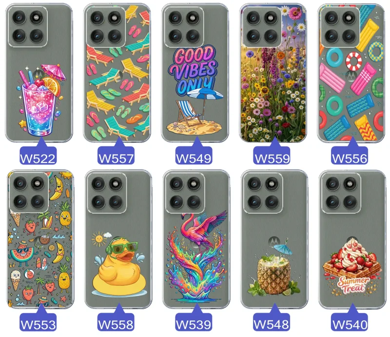 Zestaw przezroczystych etui do Motorola Edge 60 Pro 5G z wakacyjnymi motywami drinka, leżaków, napisu good vibes, kwiatów, flaminga, ananasa i deseru