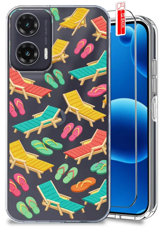Przezroczyste etui wakacyjne do Motorola Moto G35 5G z kolorowym nadrukiem leżaków, klapek plażowych oraz szkłem hartowanym w komplecie