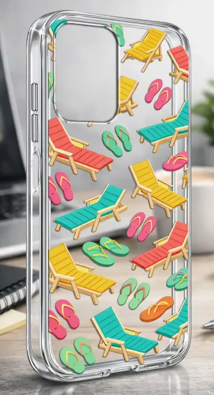 Etui na lato do Motorola Moto G35 5G z wzorem leżaków i klapek w żółtych, turkusowych, różowych i pomarańczowych kolorach