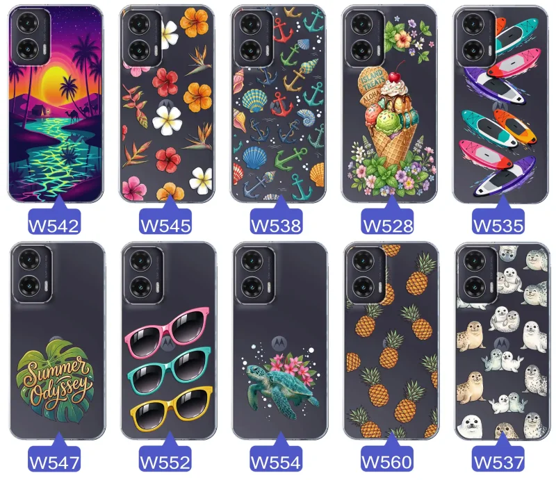 Kolekcja wakacyjnych wzorów etui do Motorola Moto G35 5G: palmy, kwiaty, kotwice, lody, deski surfingowe, ananasy i foki