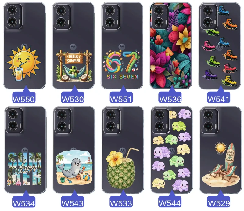 Kolekcja letnich wzorów etui do Motorola Moto G35 5G z motywami słońca, żółwia, six seven, tropikalnych kwiatów, rolek, plaży i kokosa