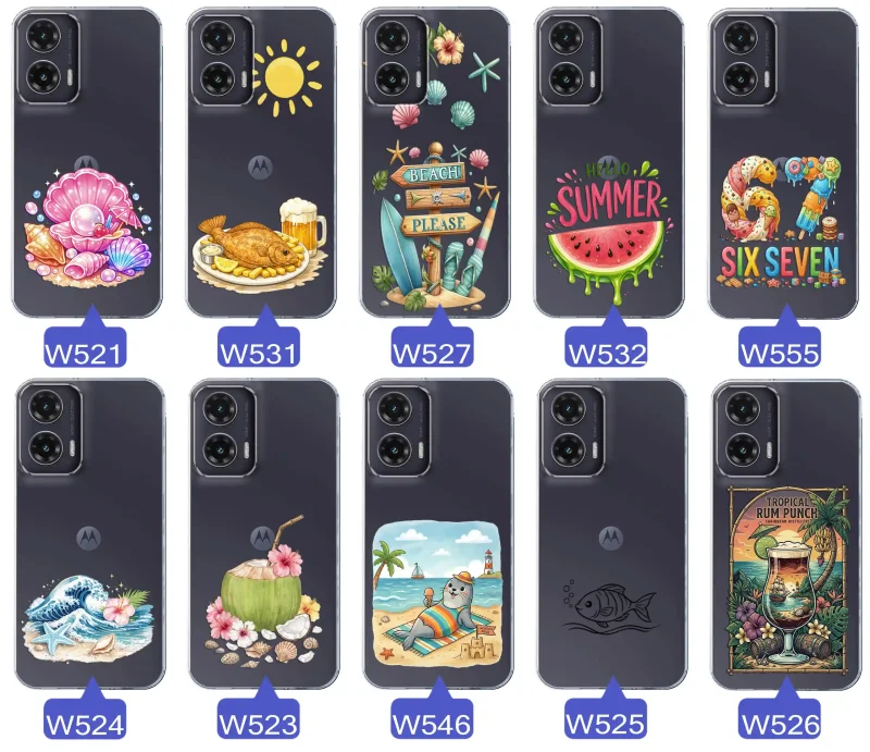Różne wzory etui wakacyjnych do Motorola Moto G35 5G z grafikami muszelek, ryby, plaży, arbuza, lodów, foki, kokosa i tropikalnego drinka