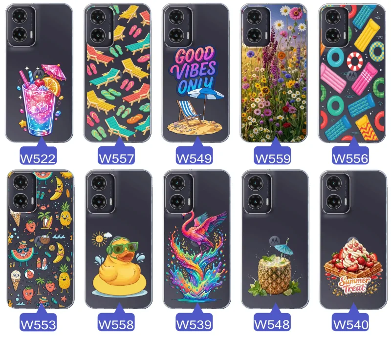 Zestaw przezroczystych etui do Motorola Moto G35 5G z wakacyjnymi motywami drinka, leżaków, napisu good vibes, kwiatów, flaminga, ananasa i deseru
