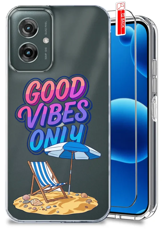 Przezroczyste etui wakacyjne do Motorola Moto G55 5G z napisem Good Vibes Only, plażowym leżakiem, parasolem i szkłem hartowanym w komplecie