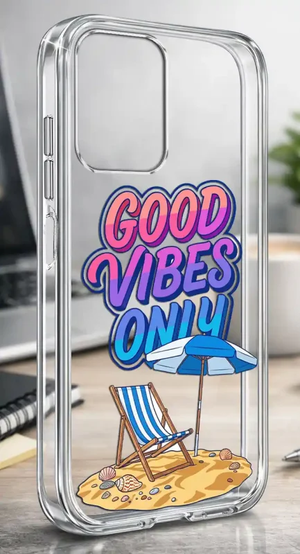 Etui na lato do Motorola Moto G55 5G z kolorowym nadrukiem Good Vibes Only, leżakiem, parasolem i muszelkami na przezroczystej obudowie