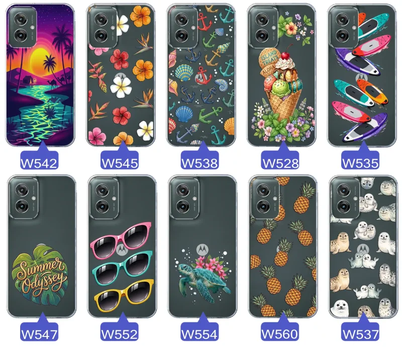 Kolekcja wakacyjnych wzorów etui do Motorola Moto G55 5G: palmy, kwiaty, kotwice, lody, deski surfingowe, ananasy i foki