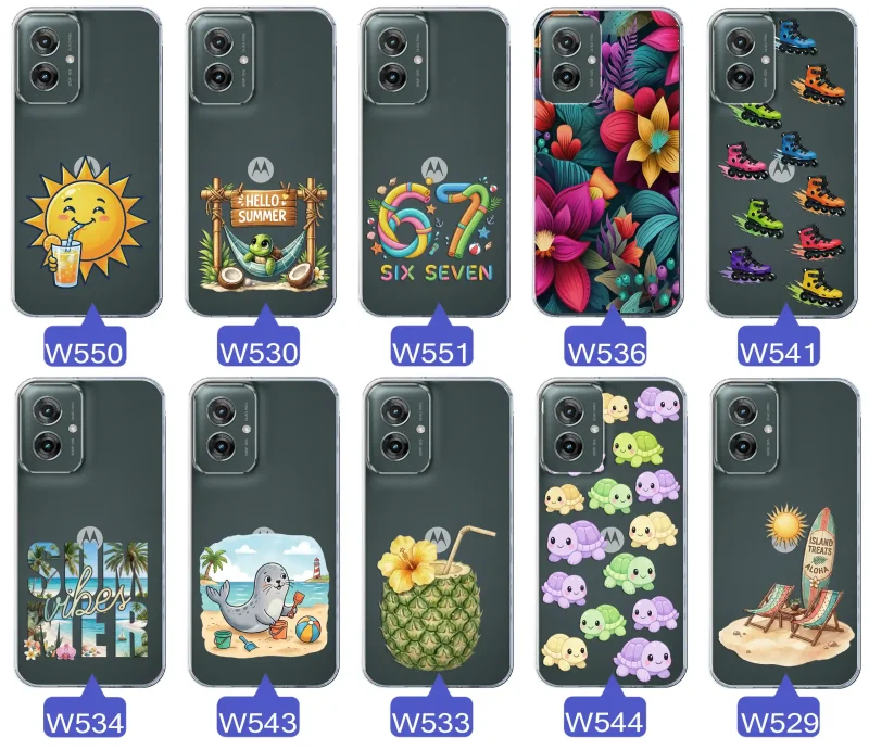 Kolekcja letnich wzorów etui do Motorola Moto G55 5G z motywami słońca, żółwia, six seven, tropikalnych kwiatów, rolek, plaży i kokosa