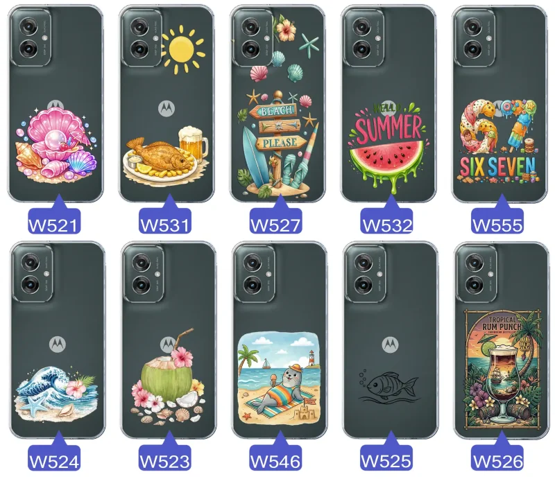 Różne wzory etui wakacyjnych do Motorola Moto G55 5G z grafikami muszelek, ryby, plaży, arbuza, lodów, foki, kokosa i tropikalnego drinka