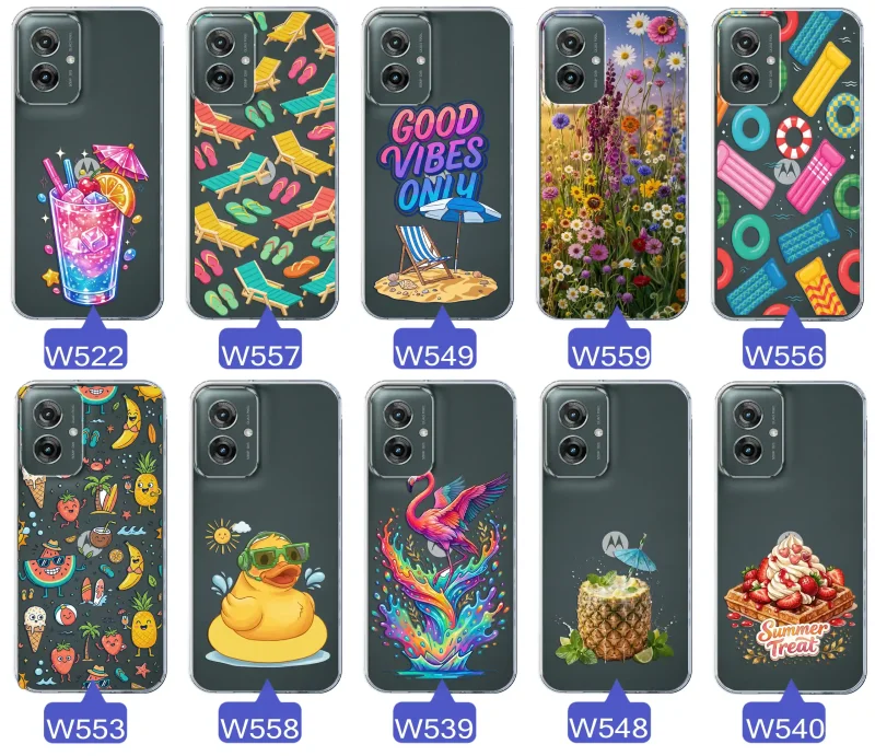Zestaw przezroczystych etui do Motorola Moto G55 5G z wakacyjnymi motywami drinka, leżaków, napisu good vibes, kwiatów, flaminga, ananasa i deseru