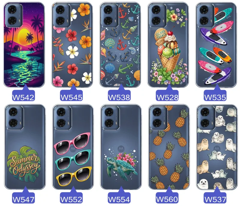 Kolekcja wakacyjnych wzorów etui do Motorola Moto G24 / G24 Power / G04 / E14: palmy, kwiaty, kotwice, lody, deski surfingowe, ananasy i foki