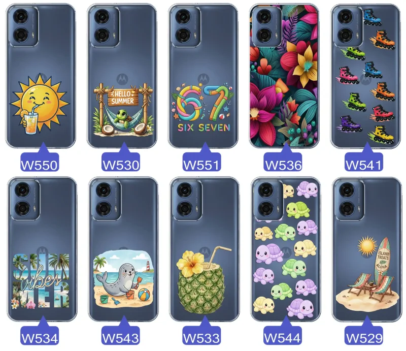 Kolekcja letnich wzorów etui do Motorola Moto G24 / G24 Power / G04 / E14 z motywami słońca, żółwia, six seven, tropikalnych kwiatów, rolek, plaży i kokosa