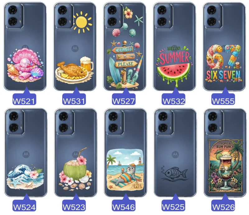 Różne wzory etui wakacyjnych do Motorola Moto G24 / G24 Power / G04 / E14 z grafikami muszelek, ryby, plaży, arbuza, lodów, foki, kokosa i tropikalnego drinka