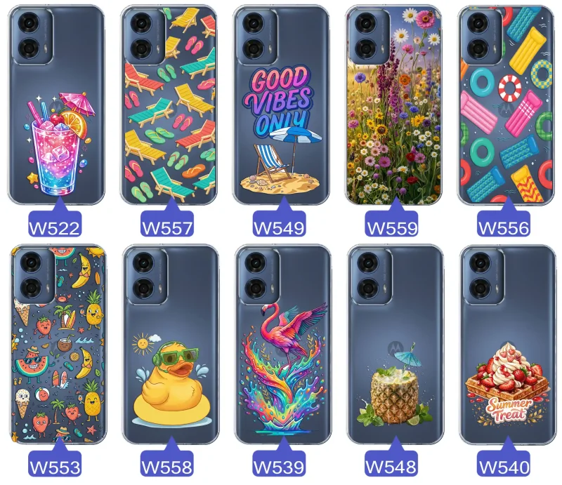 Zestaw przezroczystych etui do Motorola Moto G24 / G24 Power / G04 / E14 z wakacyjnymi motywami drinka, leżaków, napisu good vibes, kwiatów, flaminga, ananasa i deseru