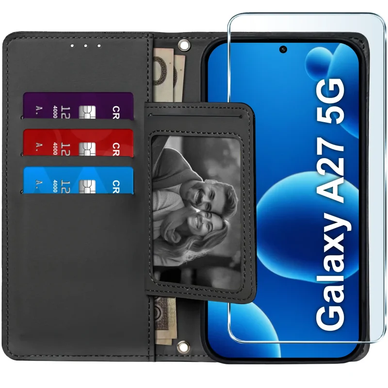 Etui z klapką do Samsung Galaxy A27 5G otwarte z 4 kieszonkami na karty miejscem na zdjęcie banknoty i szkłem hartowanym 9H