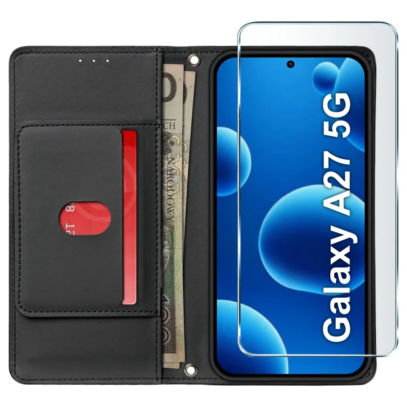 Etui z klapką Samsung Galaxy A27 5G z kieszenią na kartę miejscem na banknoty i szkłem hartowanym 9H
