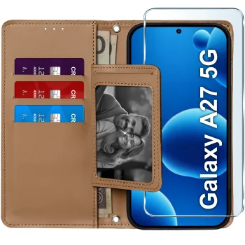 Etui do Samsung Galaxy A27 5G z klapką z zapięciem brązowe ze szkłem