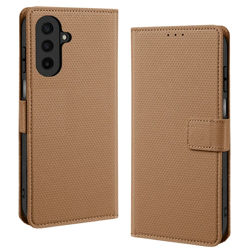 Brązowe etui z klapką z zapięciem do Samsung Galaxy A27 5G widok z przodu i z tyłu