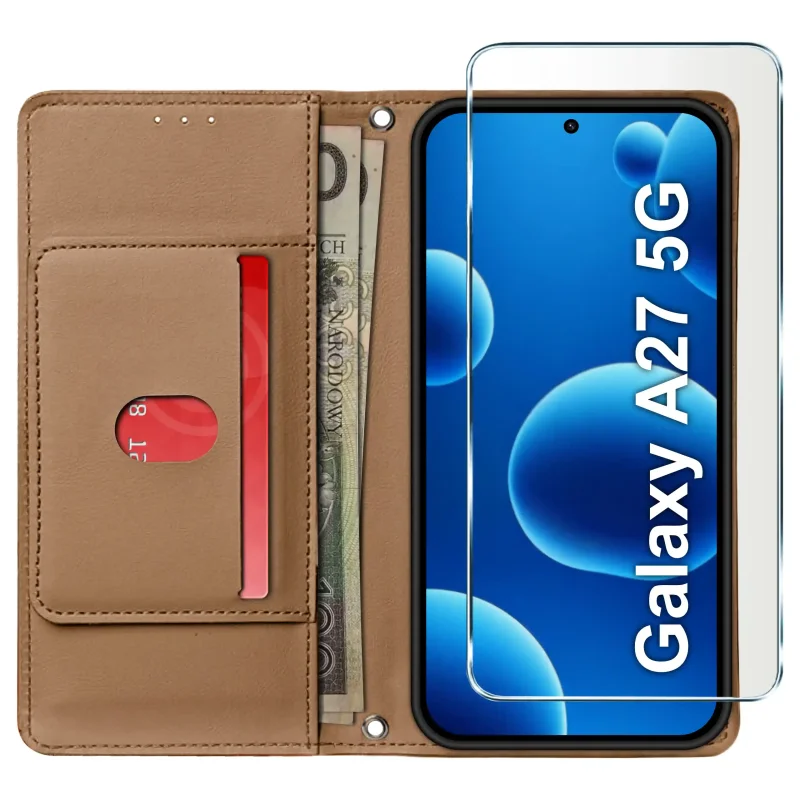 Etui z klapką brązowe Samsung Galaxy A27 5G z kieszenią na kartę miejscem na banknoty i szkłem hartowanym 9H