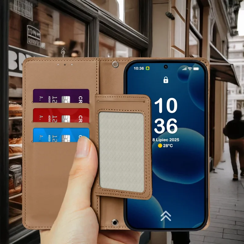 Brązowe etui z klapką Samsung Galaxy A27 5G trzymane w dłoni z kieszonkami na karty i miejscem na zdjęcie