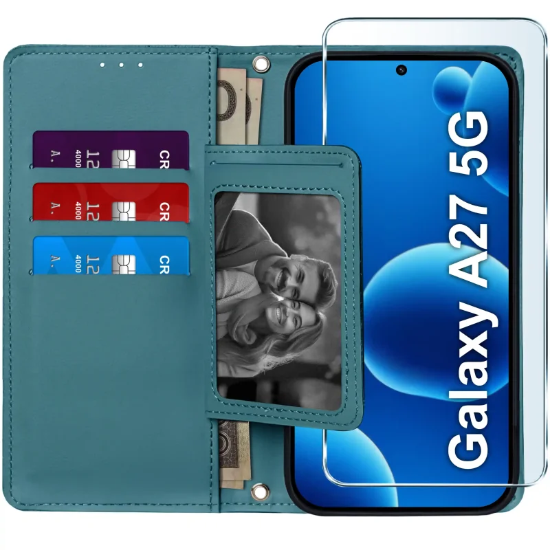 Niebieskie etui z klapką do Samsung Galaxy A27 5G otwarte z 4 kieszonkami na karty miejscem na zdjęcie banknoty i szkłem hartowanym 9H