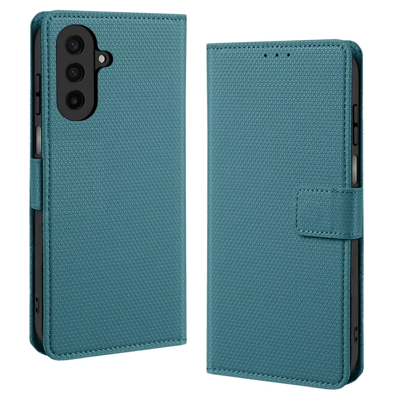 Niebieskie etui z klapką z zapięciem do Samsung Galaxy A27 5G widok z przodu i z tyłu