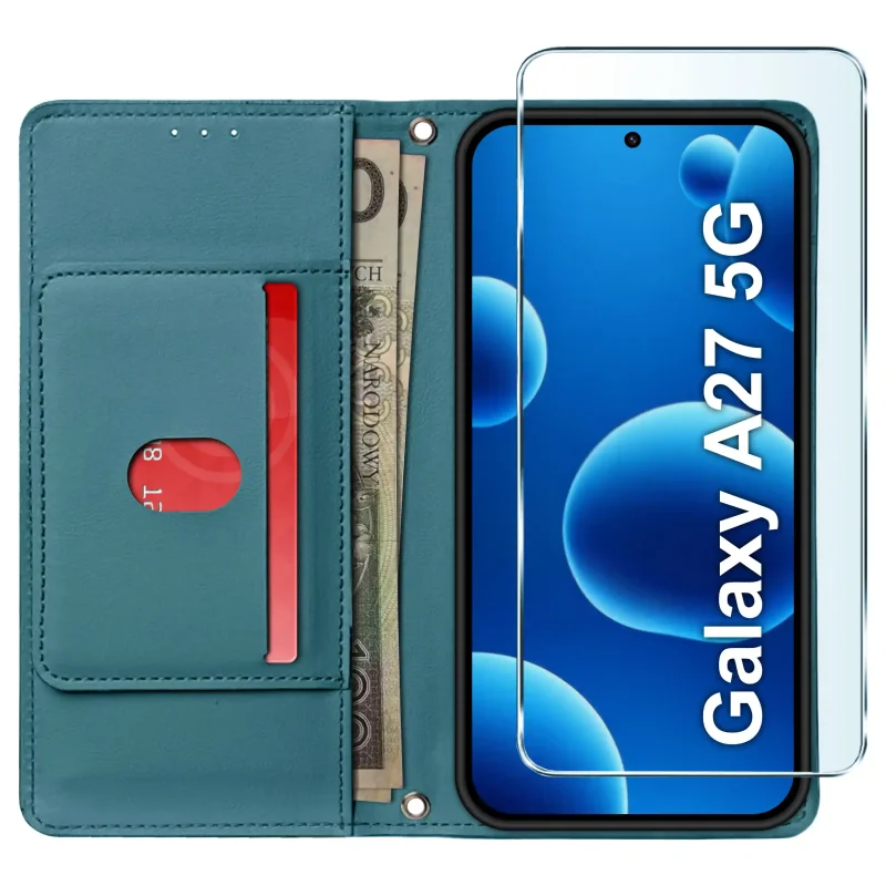 Etui z klapką niebieskie Samsung Galaxy A27 5G z kieszenią na kartę miejscem na banknoty i szkłem hartowanym 9H