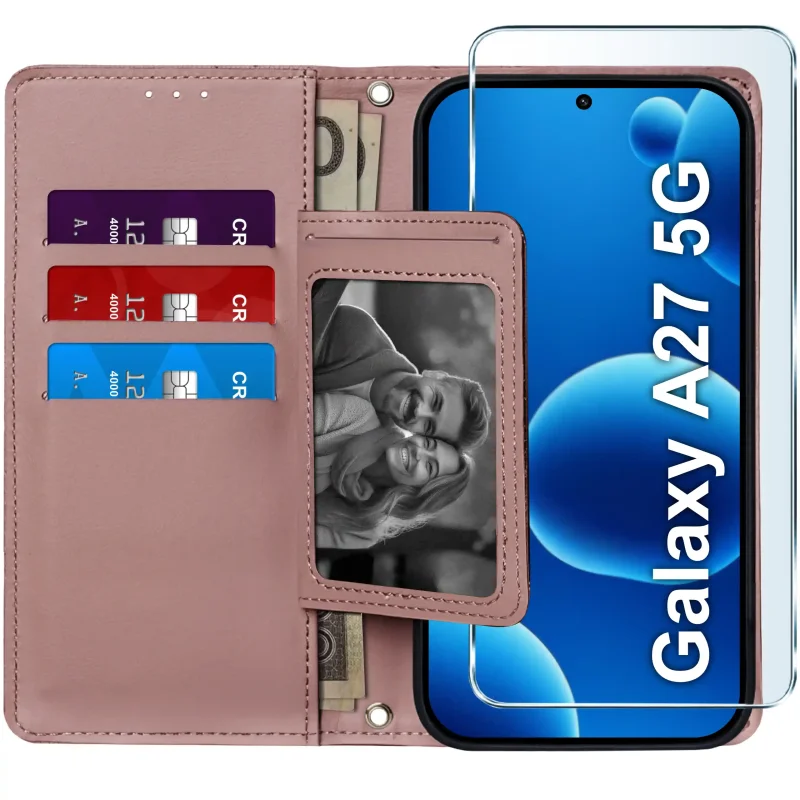 Różowe etui z klapką do Samsung Galaxy A27 5G otwarte z 4 kieszonkami na karty miejscem na zdjęcie banknoty i szkłem hartowanym 9H
