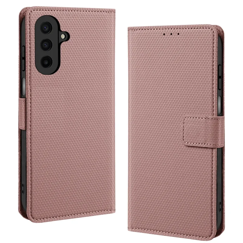 Różowe etui z klapką z zapięciem do Samsung Galaxy A27 5G widok z przodu i z tyłu