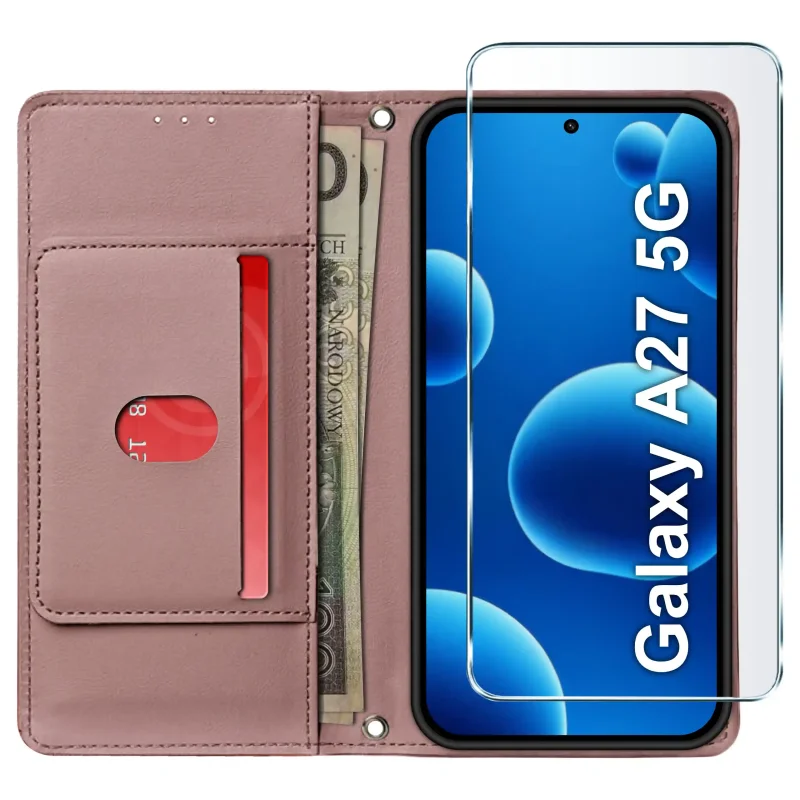 Etui z klapką różowe Samsung Galaxy A27 5G z kieszenią na kartę miejscem na banknoty i szkłem hartowanym 9H