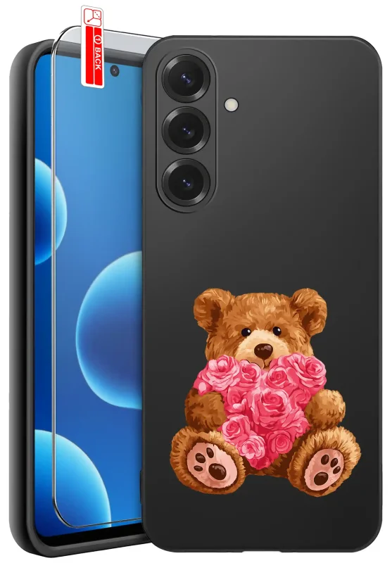 Etui walentynkowe do Samsung Galaxy A27 5G z misiem trzymającym serce z róż oraz szkło hartowane 9H w zestawie