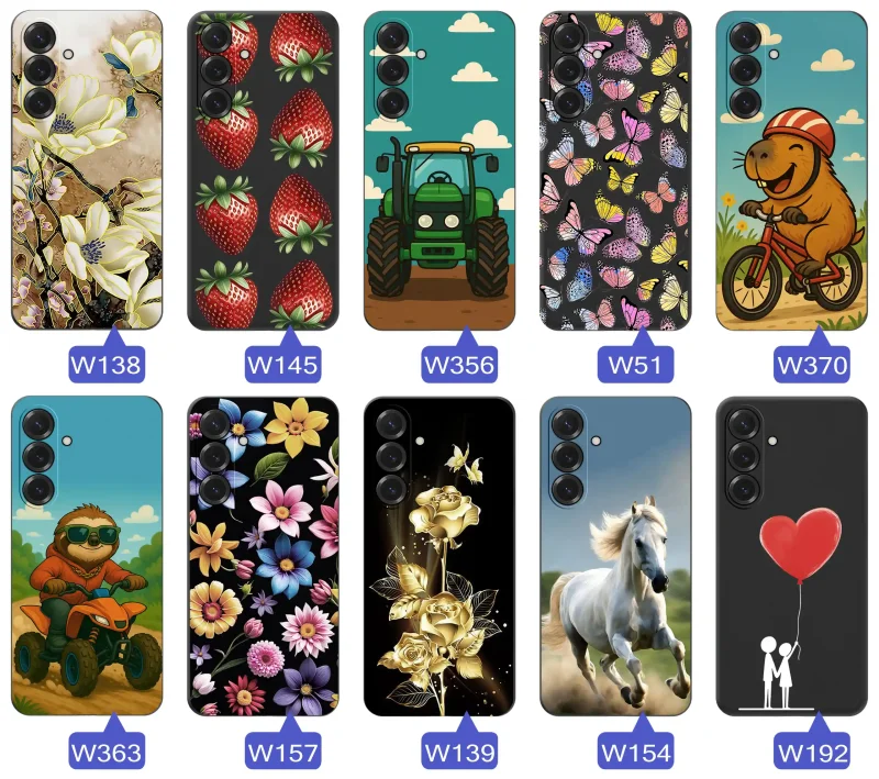 Różne etui z wiosennymi wzorami na Samsung Galaxy A27 5G, czarne silikonowe plecki z motywami kwiatów, motyli i truskawek
