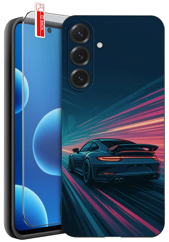 Etui z autem do Samsung Galaxy A27 5G z dynamiczną grafiką sportowego samochodu na neonowej drodze i szkłem hartowanym 9H