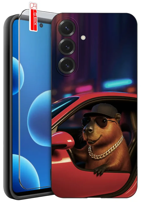 Etui z kapibarą w aucie do Samsung Galaxy A27 5G z dołączonym szkłem hartowanym na ekran