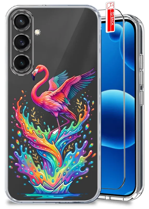 Przezroczyste etui wakacyjne do Samsung Galaxy S23 FE z kolorowym flamingiem oraz szkłem hartowanym w zestawie