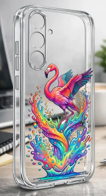 Etui na lato do Samsung Galaxy S23 FE z nadrukiem flaminga i tęczowej wody na przezroczystej obudowie