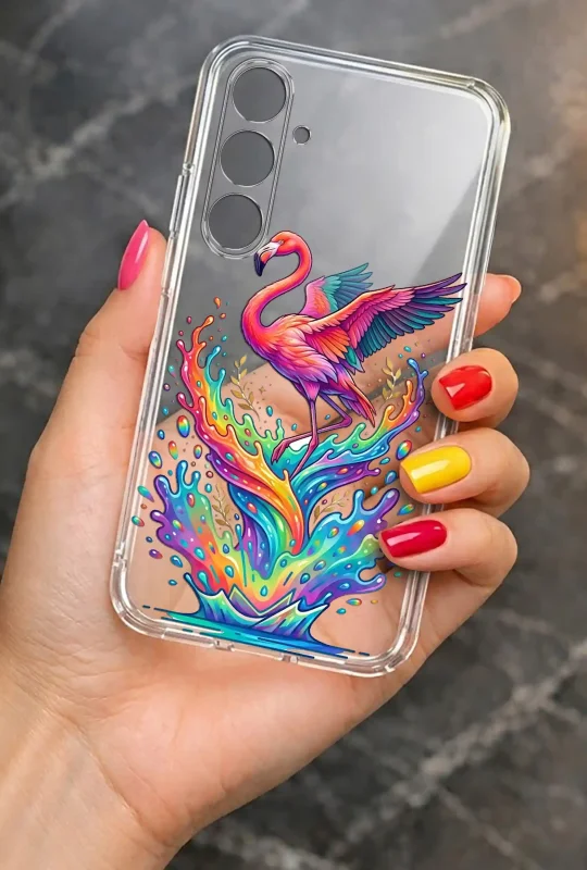 Przezroczyste etui letnie do Samsung Galaxy S23 FE z intensywnym wzorem flaminga, prezentowane w dłoni
