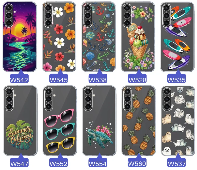 Kolekcja wakacyjnych wzorów etui do Samsung Galaxy S23 FE: palmy, kwiaty, kotwice, lody, deski surfingowe, ananasy i foki