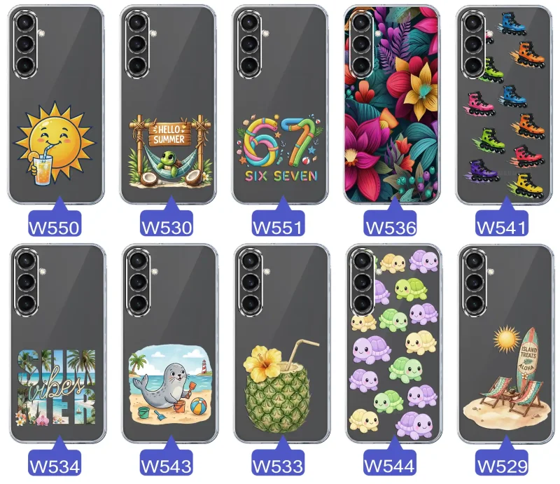 Kolekcja letnich wzorów etui do Samsung Galaxy S23 FE z motywami słońca, żółwia, six seven, tropikalnych kwiatów, rolek, plaży i kokosa