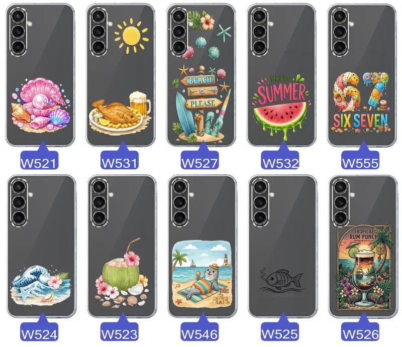 Różne wzory etui wakacyjnych do Samsung Galaxy S23 FE z grafikami muszelek, ryby, plaży, arbuza, lodów, foki, kokosa i tropikalnego drinka