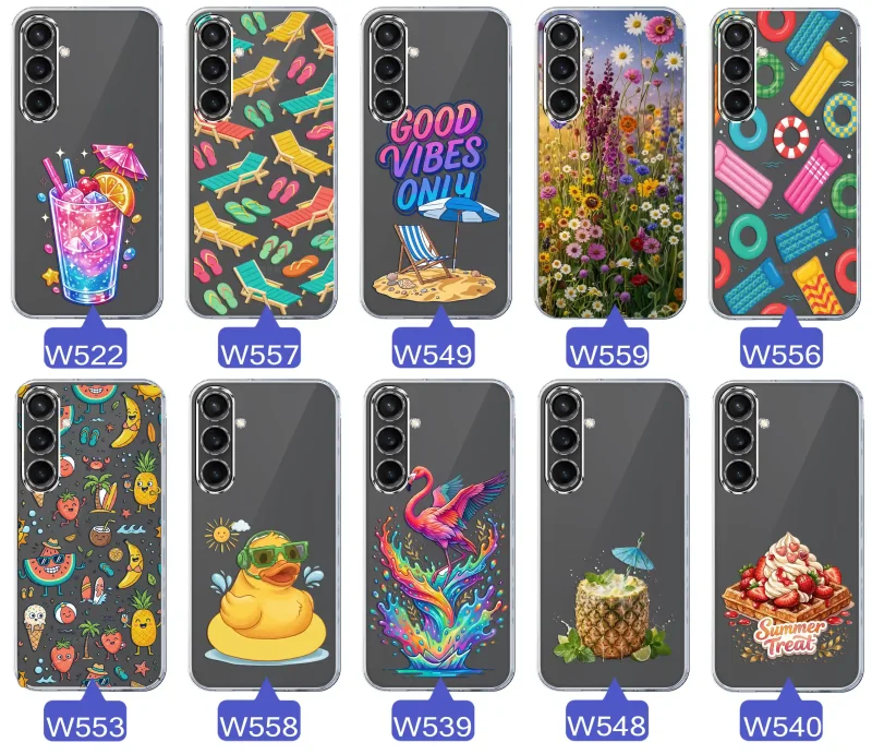Zestaw przezroczystych etui do Samsung Galaxy S23 FE z wakacyjnymi motywami drinka, leżaków, napisu good vibes, kwiatów, flaminga, ananasa i deseru
