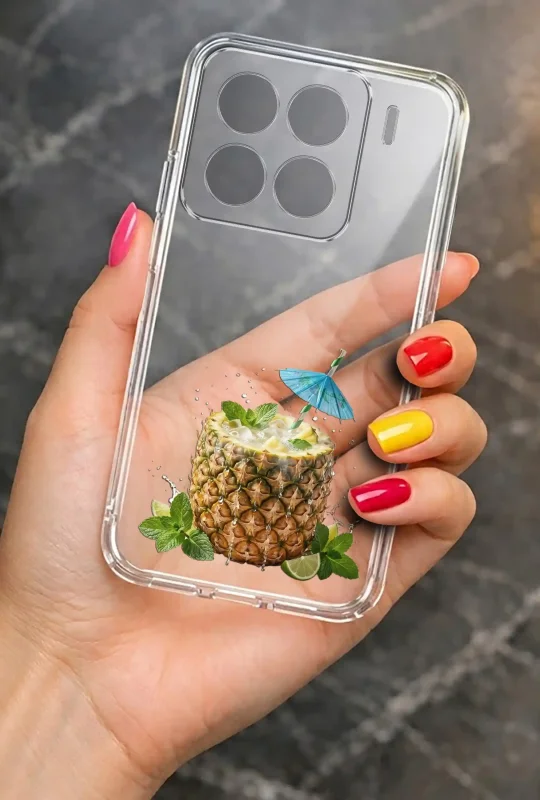 Przezroczyste etui letnie do Xiaomi 15 z nadrukiem ananasowego drinka, miętą i limonką, prezentowane w dłoni
