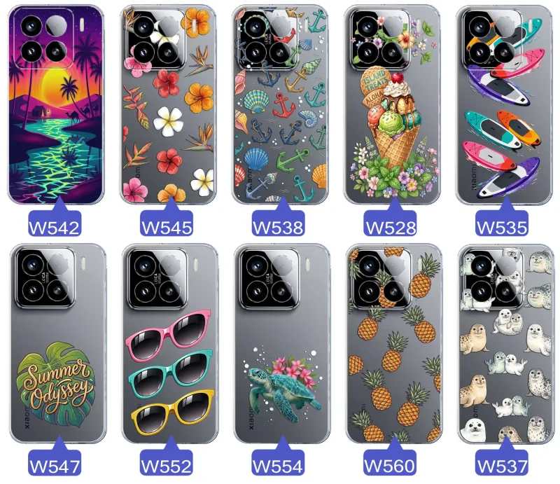 Kolekcja wakacyjnych wzorów etui do Xiaomi 15: palmy, kwiaty, kotwice, lody, deski surfingowe, ananasy i foki