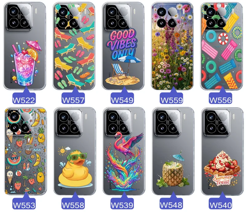 Zestaw przezroczystych etui do Xiaomi 15 z wakacyjnymi motywami drinka, leżaków, napisu good vibes, kwiatów, flaminga, ananasa i deseru