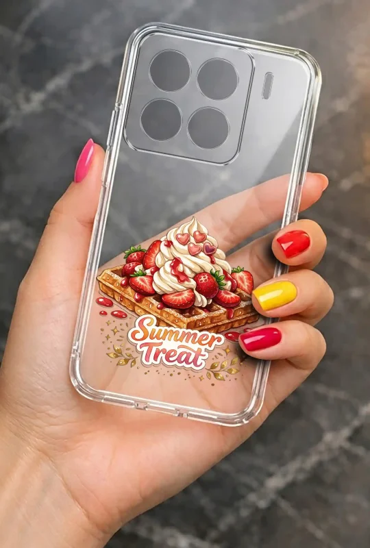 Przezroczyste etui letnie do Xiaomi 15 Pro z nadrukiem gofra z truskawkami, bitą śmietaną i napisem Summer Treat, prezentowane w dłoni